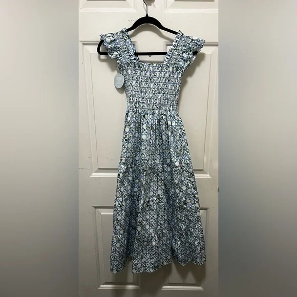 Hill House The Ellie Nap Dress Basketweave Vine Floral Blue Dress Size XS